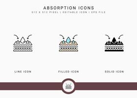 iconos de absorción establecer ilustración vectorial con estilo de línea de icono sólido. concepto de agua de humedad de la piel. icono de trazo editable en un fondo aislado para diseño web, interfaz de usuario y aplicación móvil vector