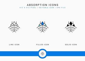 Absorption icons set vector illustration with solid icon line style. Skin moisture water concept. Editable stroke icon on isolated background for web design, user interface, and mobile application