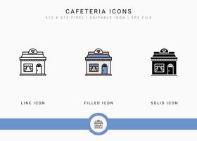 Cafeteria icons set vector illustration with solid icon line style. Modern cafe building concept. Editable stroke icon on isolated background for web design, user interface, and mobile application