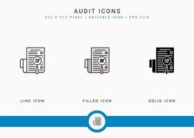 Audit icons set vector illustration with solid icon line style. Financial overview control concept. Editable stroke icon on isolated background for web design, infographic and UI mobile app.