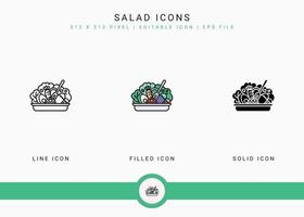 Salad icons set vector illustration with solid icon line style. Healthy vegan ingredients concept. Editable stroke icon on isolated white background for web design, user interface, and mobile app