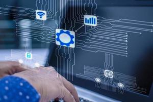 Engineers are analyzing electronic circuits to create new and advanced technologies for future use. Businessman working at home in a private room. concept design innovation techno computer quantum photo