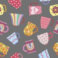 Seamless pattern of vintage mugs. Hand-drawn with a naive Scandinavian style vector