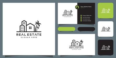 inmobiliaria con diseño de logotipo de edificio y casa y tarjeta de visita vector