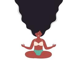 mujer negra meditando en posición de loto en estera de yoga. estilo de vida saludable, yoga, relajación, ejercicio de respiración vector