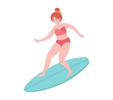 mujer surfeando en tabla de surf. actividad de verano, verano, surf. Hola Verano. vector