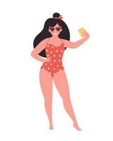 Woman in retro glasses and swimsuit making selfie or resording video. Hello summer vector