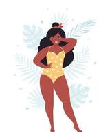 mujer negra con sobrepeso en traje de baño retro sobre fondo de hojas tropicales. Hola Verano. cuerpo positivo vector