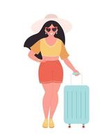 Woman tourist with travel bag or luggage. Summer vacation, summer traveling, summertime vector
