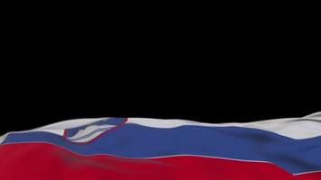 Slovenia fabric flag waving on the wind loop. Slovenian embroidery stiched cloth banner swaying on the breeze. Half-filled black background. Place for text. 20 seconds loop. 4k video