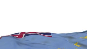tuvalu tyg flagga viftande på vindslingan. tuvalu broderi stickad tyg banner vajande på vinden. halvfylld vit bakgrund. plats för text. 20 sekunders loop. 4k video