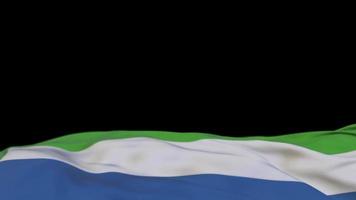 sierra leone stof vlag zwaaien op de wind lus. sierra leone borduursel gestikte doek banner zwaaiend op de wind. half gevulde zwarte achtergrond. plaats voor tekst. 20 seconden lus. 4k video