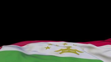 Tajikistan fabric flag waving on the wind loop. Tajik embroidery stiched cloth banner swaying on the breeze. Half-filled black background. Place for text. 20 seconds loop. 4k video