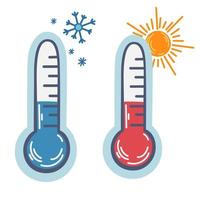 Thermometer. Two thermometers warm and cold. Weather forecast. Meteorological thermometers in Celsius and Fahrenheit measure heat and cold. Vector Hand draw illustration isolated
