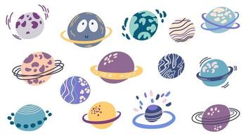 Planets set. Cute cartoon galaxy, space, solar system elements. Isolated design elements for children. Stickers, labels, icons, infographics for kids. Vector Hand draw illustration