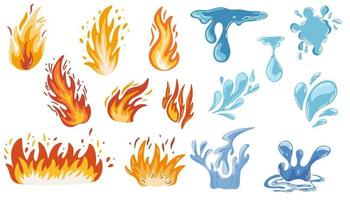 Juego de fuego y agua. llamas de diferentes formas. diferentes gotas de agua. ilustración de dibujos animados vectoriales aislada en el fondo blanco. vector