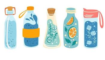Water Bottles set. Concept detox drink, drinking water in a thermos, glass bottle. Ice water. Refreshing summer drink. Healthy lifestyle daily habits, wellness, morning rituals. Vector illustration