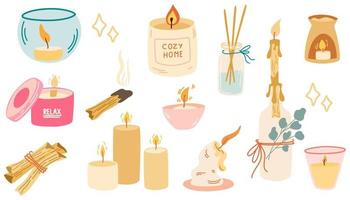 Candles and incense. Set for aromatherapy relaxation and home comfort. Candles, palo santo, scented candlesticks and candlesticks. Vector cartoon illustrations isolated on a white background.
