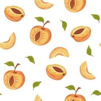 Apricot fruit seamless pattern. Rise garden plant whole and half piece with stem and kernel. Juicy natural healthy fruit. Perfect for wallpaper, fabric, interior decor. Vector cartoon illustration