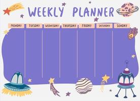 Weekly planner space. Planner with spaceships, stars and planets. Template for sticky notes, planners, check lists, journal and other stationery. Elementary school student. Vector illustration.