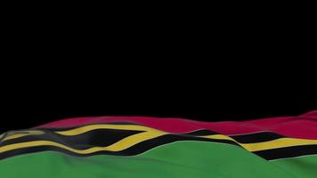 Vanuatu fabric flag waving on the wind loop. Vanuatsky embroidery stiched cloth banner swaying on the breeze. Half-filled black background. Place for text. 20 seconds loop. 4k video