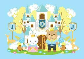 Fairy Tale white castle with cute Bear and Bunny vector