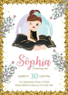 First Birthday invitation with cute ballerina