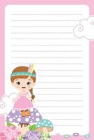 linda página para notas con niña boho. cuadernos, calcomanías, diario, tarjetas, accesorios escolares. vector