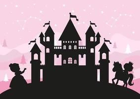 silueta de castillo, principe y princesa vector gratis