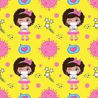 Seamless pattern with cute black girl wearing mask cartoon, textile fabric pattern print, wrapping paper, book cover, pajamas pattern, face mask for kids vector