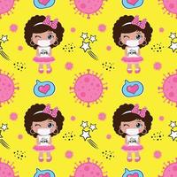 Seamless pattern with cute black girl wearing mask cartoon, textile fabric pattern print, wrapping paper, book cover, pajamas pattern, face mask for kids vector