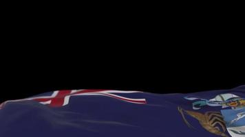 Tristan Da Cunha fabric flag waving on the wind loop. Tristan Da Cunha embroidery stiched cloth banner swaying on the breeze. Half-filled black background. Place for text. 20 seconds loop. 4k video