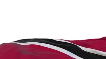 Flagge aus Trinidad und Tobago, die auf der Windschlaufe weht. trinidad und tobago stickerei genähtes stoffbanner, das sich im wind bewegt. halb gefüllter weißer Hintergrund. Platz für Texte. 20 Sekunden Schleife. 4k