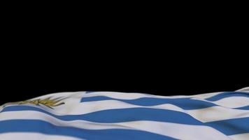 Uruguay fabric flag waving on the wind loop. Uruguayan embroidery stiched cloth banner swaying on the breeze. Half-filled black background. Place for text. 20 seconds loop. 4k video