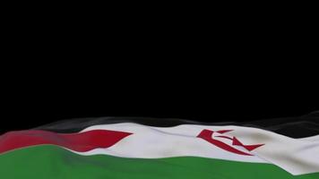 Western Sahara fabric flag waving on the wind loop. Western Sahara embroidery stiched cloth banner swaying on the breeze. Half-filled black background. Place for text. 20 seconds loop. 4k