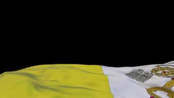 Vatikanstatens heliga tyg flagga viftande på vindslingan. Vatikanstaten heliga broderi stickad tyg banner vajande på vinden. halvfylld svart bakgrund. plats för text. 20 sekunders loop. 4k video