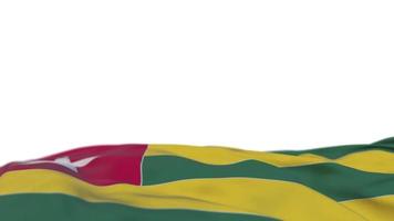 Togo-Stoffflagge weht auf der Windschlaufe. Togo-Stickerei genähtes Stoffbanner, das sich im Wind wiegt. halb gefüllter weißer Hintergrund. Platz für Texte. 20 Sekunden Schleife. 4k video