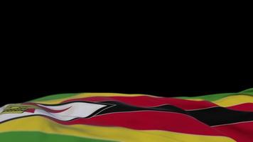 bandera de tela de zimbabwe ondeando en el bucle de viento. bandera de tela cosida bordada de zimbabwe balanceándose con la brisa. fondo negro medio relleno. lugar para el texto. Bucle de 20 segundos. 4k video