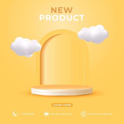 editable social media post template. 3D social media banner ads with podium and cloud