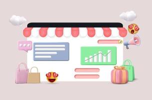Online shopping 3D Illustration, online shop, online payment concept with floating elements. Discount banner design with 3d rendering. Vector Illustration.