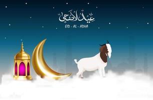 Arabic calligraphy text of Eid Mubarak for the celebration of Muslim community festival Eid Mubarak. Greeting card with sacrificial sheep and crescent on cloudy night background. Vector illustration.