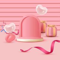 3d Valentine's Day scene design. Round podium with, heart shape toy and gift boxes. Concept of surprise and sending love. vector