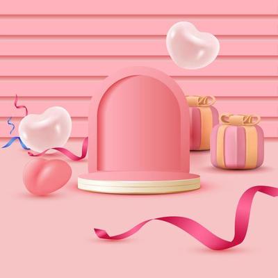 3d Valentine's Day scene design. Round podium with, heart shape toy and gift boxes. Concept of surprise and sending love.