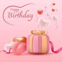 diseño vectorial de feliz cumpleaños para tarjetas de felicitación y póster con globo, confeti y caja de regalo, plantilla de diseño para celebración de cumpleaños.