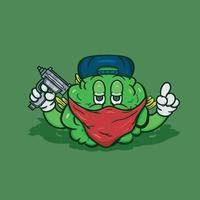Cartoon Mascot Of  Weed Bud With Gun and mafia style. Vector And Illustration