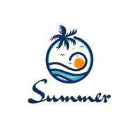 Logo design illustration of beach waves and coconut trees, sunset template vector