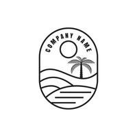 Palm tree island line logo with sunset illustration design, waves minimal emblem design vector