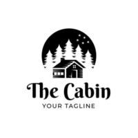 logotipo de diseño de cabaña de troncos premium y bosque de pinos sobre fondo blanco vintage vector