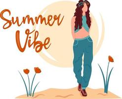 Vector template with slogan Summer Vibe and beautiful young woman with long curly hair and flower crown for poster, card or flyer. Hippie girl with flower crown. Summer mood design concept