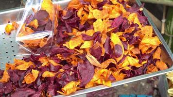Colorful fried purple sweet potato, healthy food video